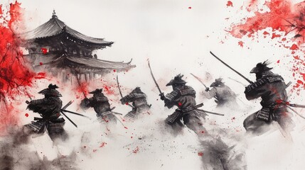 Watercolor illustration of Samurai battles Traditional Japanese ink wash painting