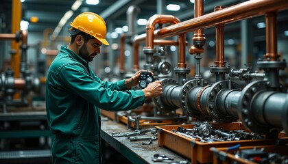Fototapeta premium Technician Calibrating Copper Pipes in Industrial Environment