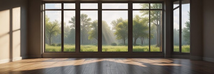 Fototapeta premium Natural light pouring in through a large window, illuminating the room's simplicity , sunlight, empty wall, window