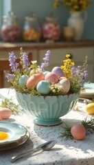 Whimsical Spring Table Setting with Pastel Eggs and Fresh Flowers