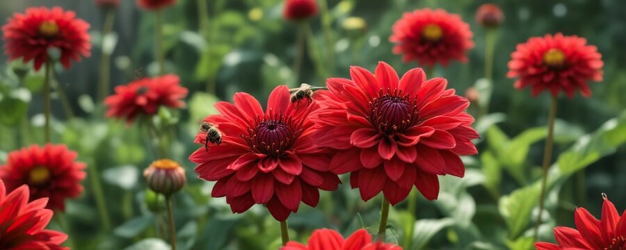 A group of bees gathered around a single bright red dahlia flower collecting nectar, yellow background, sunshine - Powered by Adobe