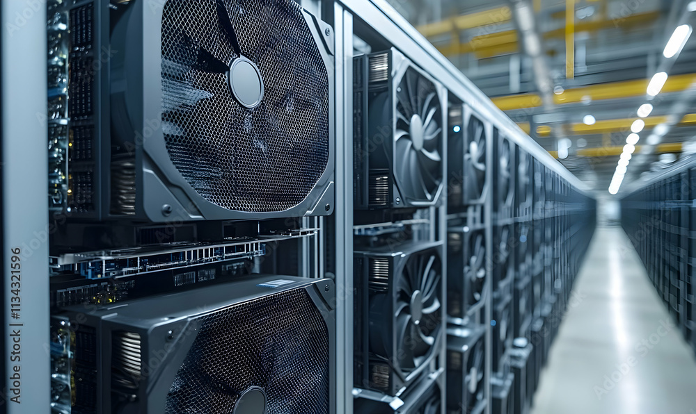 Poster a row of high-performance computer servers with cooling fans in a data center.