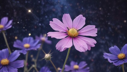 Pastel pink stars in a vast indigo-purple cosmos with delicate silver and gold accents , silver-gold, explosion