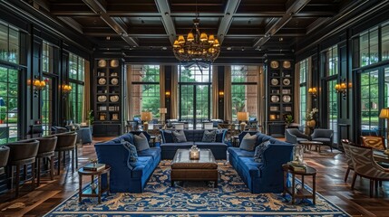 Elegant lounge with blue sofas, wooden accents, and large windows overlooking greenery.