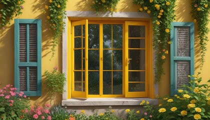 Yellow shuttered window in a whimsical garden, whimsical, flowers