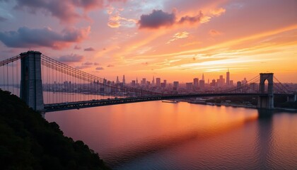 Aerial View of Majestic Suspension Bridge Over Shimmering River at Sunset