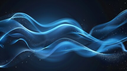 Abstract blue waves with glowing particles on black background.