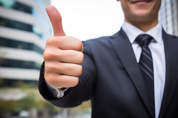 Close-up of a young, handsome, confident businessman in a black three-piece suit giving a thumbs-up gesture outdoors in a bright and professional setting