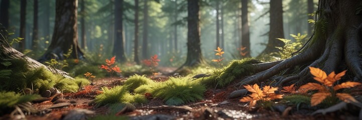 Obraz premium Nature scene with a focus on the forest floor, sunny day, forest details