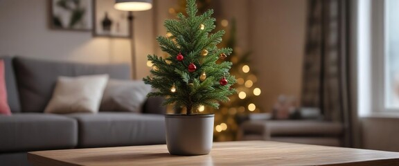 Small Christmas tree in a pot on a modern coffee table , minimalist furniture, tiny tree