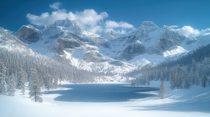 Snowy mountain landscape with a serene lake and pine trees under a clear blue sky.
