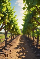 Vineyard landscape with lush greenery and grapevines, wine country, serene