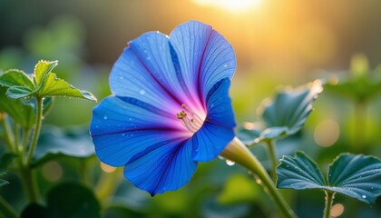 Azure Blue Morning Glory Flower with Dew in Sunrise Glow