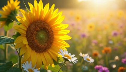 Obraz premium Close-Up of Golden Yellow Sunflower in Field at Sunrise