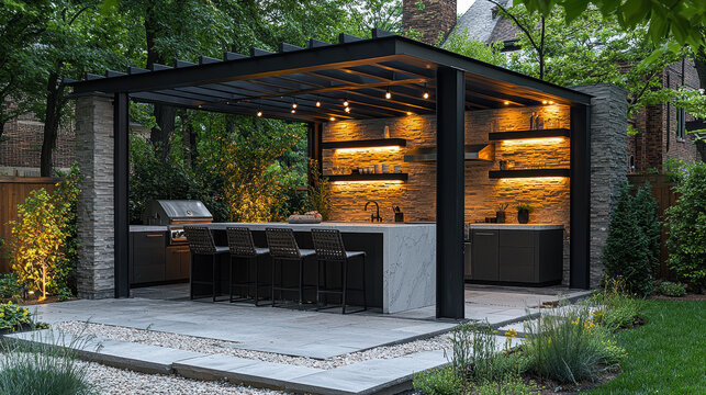 Modern Outdoor Kitchen with Pergola: A sophisticated and inviting outdoor kitchen with a sleek pergola, stone accents, and integrated lighting.
