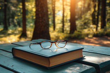 reading glasses and book in the forest