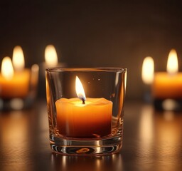 Glass holder with a single flame of an amber candle, gentle warmth, amber, wax