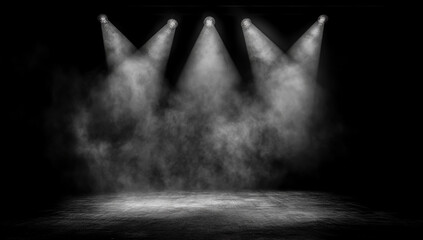 "Black and White Spotlight on Stage with Dark Background and Stage Lights"