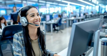 Happy customer service representative young woman smiles while assisting customers in a busy call center