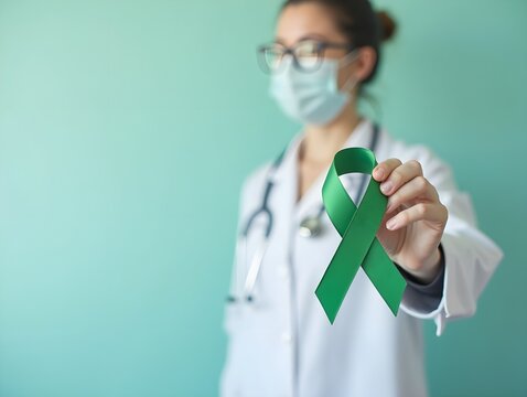 Doctor with green Ribbon for world Lymphoma Awareness September month, world Mental Health Day, Liver, Gallbladders, bile duct, cervical, kidney Cancer. Healthcare and world cancer day concept