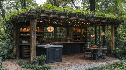 Naklejka premium Rustic Outdoor Kitchen Oasis: A picturesque view of a rustic outdoor kitchen nestled amidst lush greenery. The weathered wood and exposed brick create a warm and inviting atmosphere.