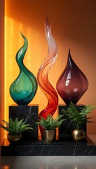 Elegant Trio of Colorful Glass Sculptures Displayed with Greenery