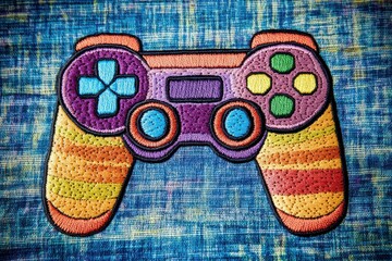 Colorful embroidery of a video game controller on a textured blue fabric background.