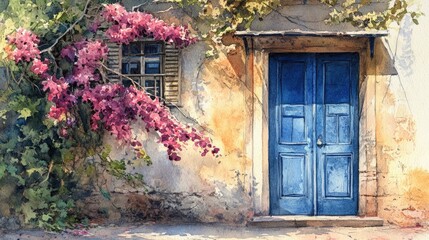 Watercolor painting, blue door. Depicting an old house with a bougainvillea in front of a blue door.