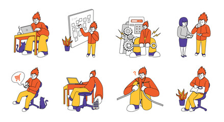 Flat illustration freelance worker emotions different activities design set