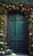 Detailed shot of colorful Christmas baubles on a snow-covered evergreen branch next to a dark green wooden door frame , ornaments, christmas, branch