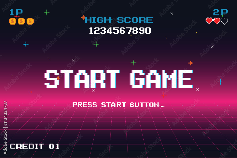 Fototapete start game. pixel art .8 bit game. retro video game. for game assets. retro futurism sci-fi backgrou