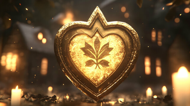 Glowing heart-shaped shield with leaf emblem, surrounded by candles and houses at night.