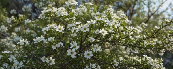 Obraz premium A bush covered with thorny branches and small white flowers, woodland , thorn, nature