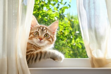 Cat Peering Curiously Through Sheer Curtains in a Sunlit Window with Lush Greenery Outside