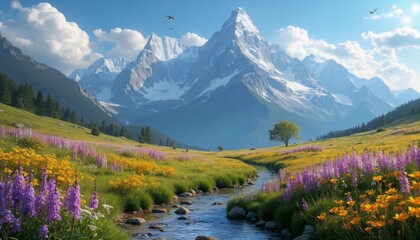 Majestic Mountain Range Surrounded by Colorful Wildflower Field