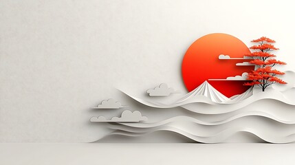 Fototapeta premium A modern yet traditional Thai-style background featuring a red and white gradient with auspicious cloud motifs and waves, ideal for cultural presentations or social media 