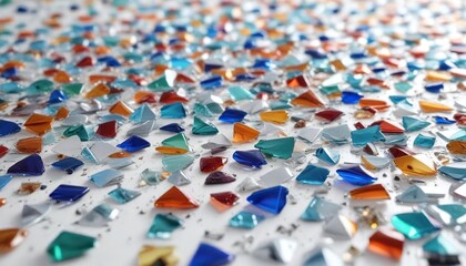 Obraz premium A scattered mosaic of glass shards on a white background, fractured glass pieces, textured pieces