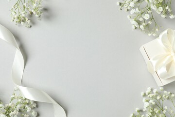 Top view photo with gypsophila flowers on gray background 