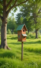 A wooden birdhouse in a green meadow with a few trees , outdoor, nature