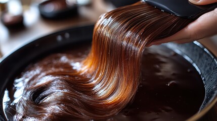 A hand combs shiny hair through a bowl of rich chocolate, blending beauty and indulgence.