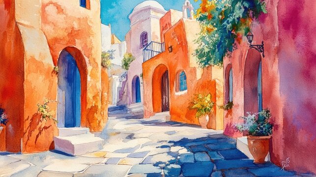 Fototapeta Watercolor Painting Depicting the Idyllic Streets of Santorini, Greece with Provence Inspired Architecture