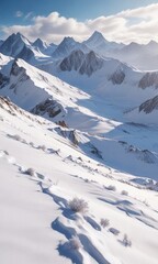 sweeping ridges of white snow stretching across the mountainous terrain, snow-covered slopes, snowy ridges