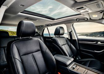 Photo modern car interior features comfortable front seats and headrests with sleek black leather upholstery, ensuring a luxurious ride.