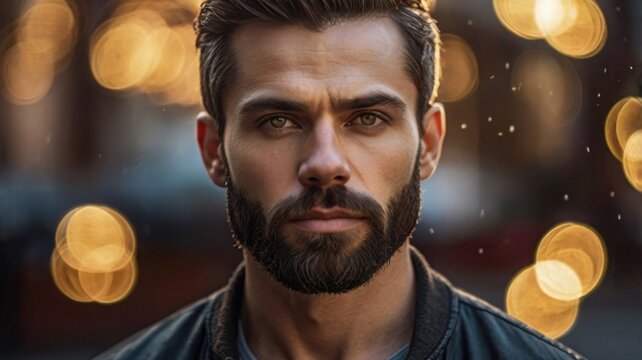Close-up of a beared handsom man with a serious face like anger. Generative AI