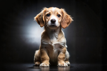 Puppy sitting on a studio floor with dramatic lighting