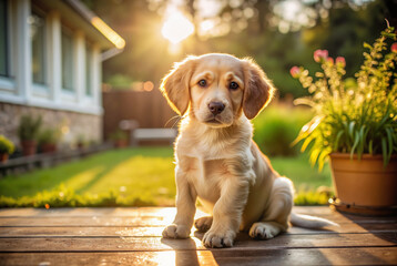 Puppy standing on a garden path in sunlight