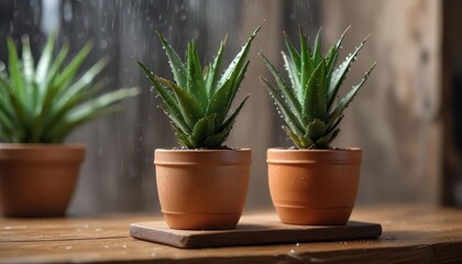 Obraz premium A small, terracotta or ceramic aloe vera plant pot on a wooden table or shelf in the rain, succulent, home decor, cloudy sky