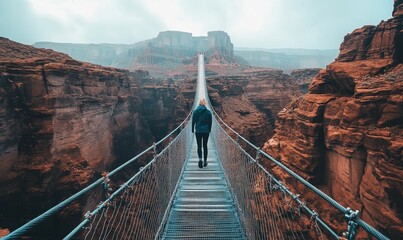Person walks suspension bridge, deep canyon.