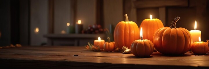 warm candlelight on a wooden table with pumpkins, autumn, , harvest theme