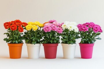 Fototapeta premium Vibrant display of chrysanthemum flowers in colorful pots, showcasing a variety of hues and lush green leaves.